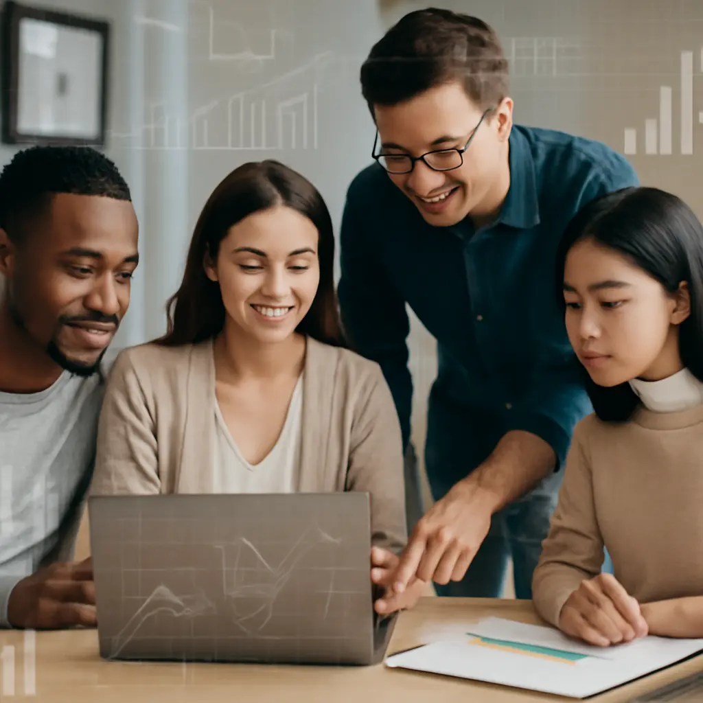 Команда сотрудников обсуждает идеи с цифровыми элементами