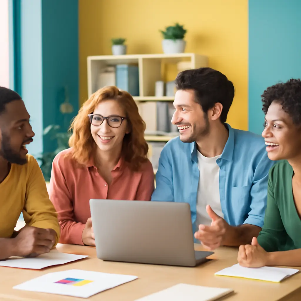 Команда сотрудников обсуждает идеи в неформальной атмосфере