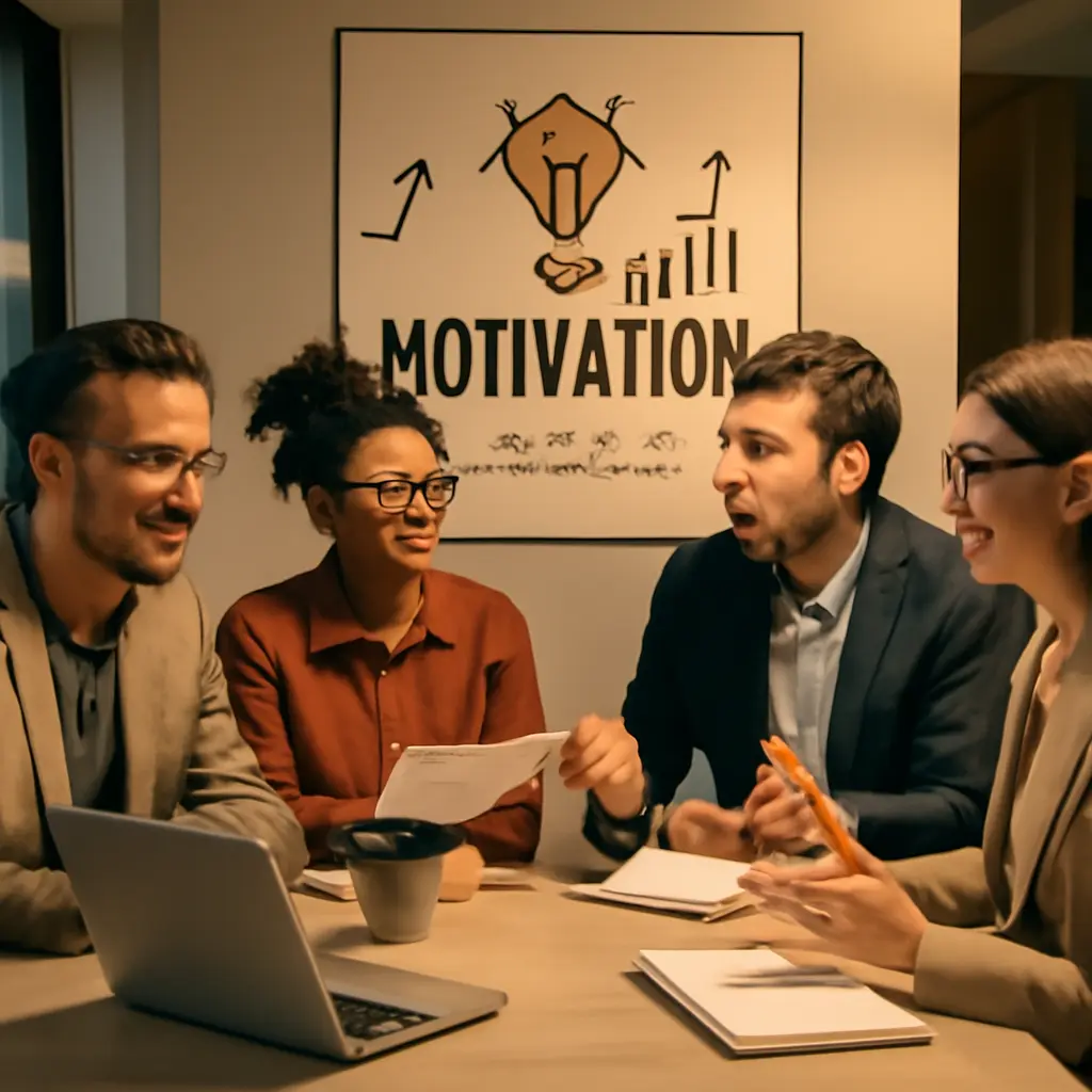 Коллеги за столом обсуждают мотивацию и идеи для роста вовлечённости