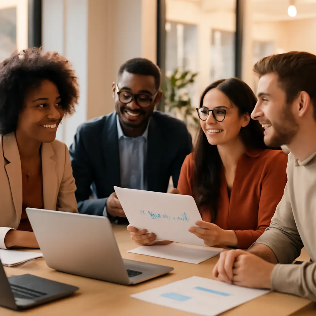 Команда сотрудников за рабочим столом обсуждает стратегию мотивации коллектива