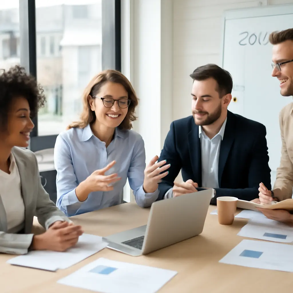Команда на митинге обсуждает цели и задачи для повышения вовлечённости