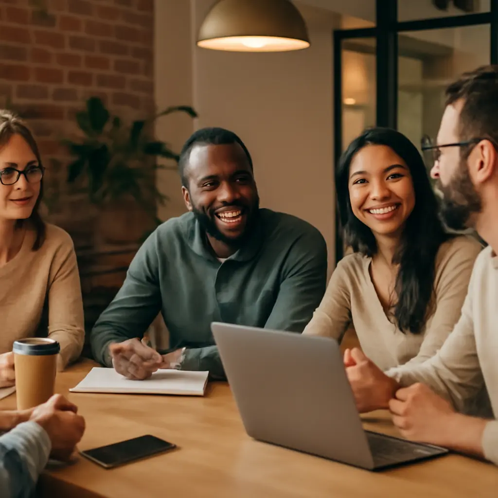 Команда обсуждает задачи на тимбилдинге в офисе