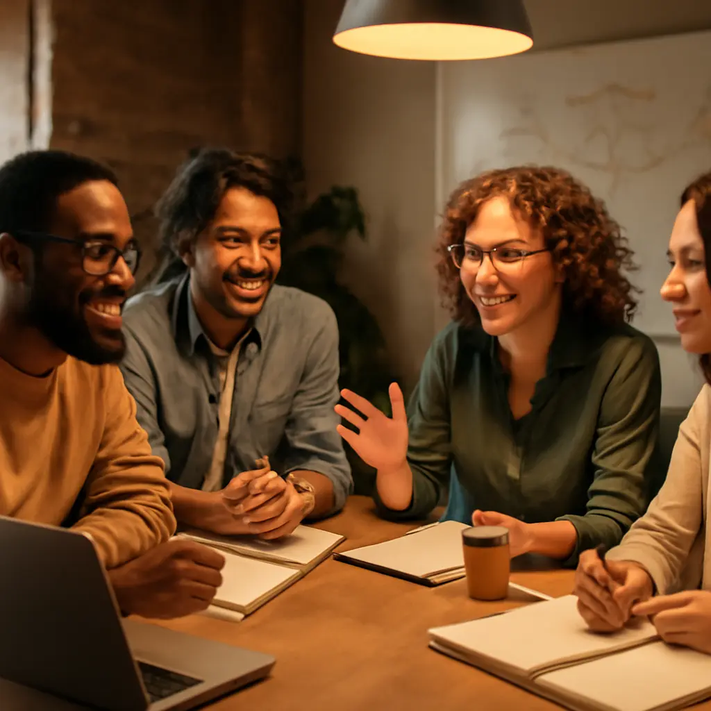 Команда собирается вокруг стола, обсуждает идеи